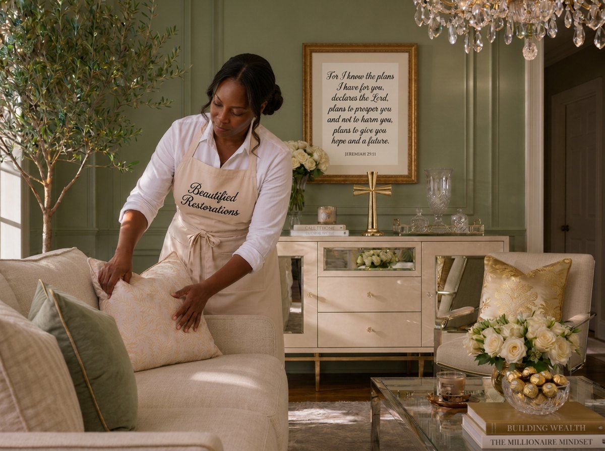 Beautified Restorations founder styling pillows in a sage and cream living room