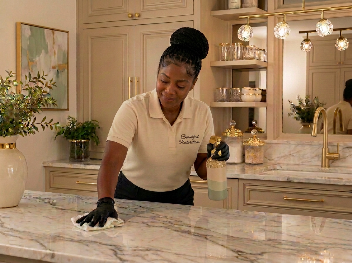 Spotless sage green kitchen with marble counters
