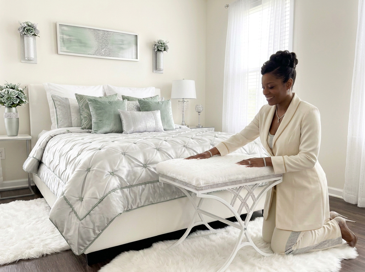 The same stool restored in white with rhinestone trim and a faux fur cushion in a white, silver and sage bedroom