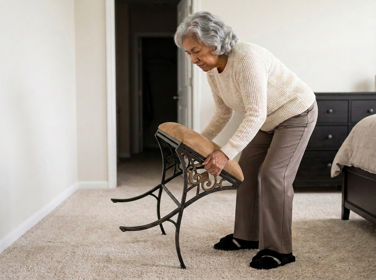 A woman carrying a worn black metal vanity stool out of a bedroom to be discarded